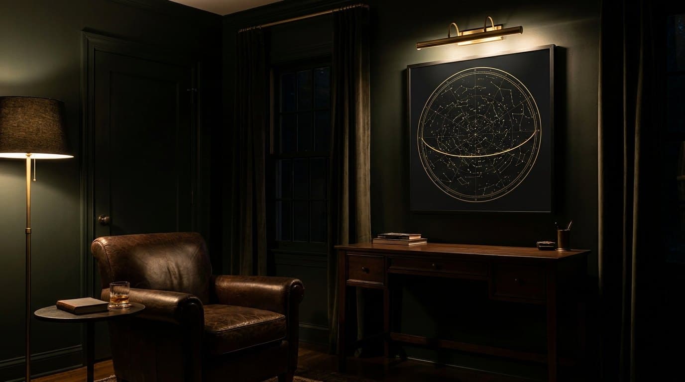 A Painted Heavens chart on the wall — The study